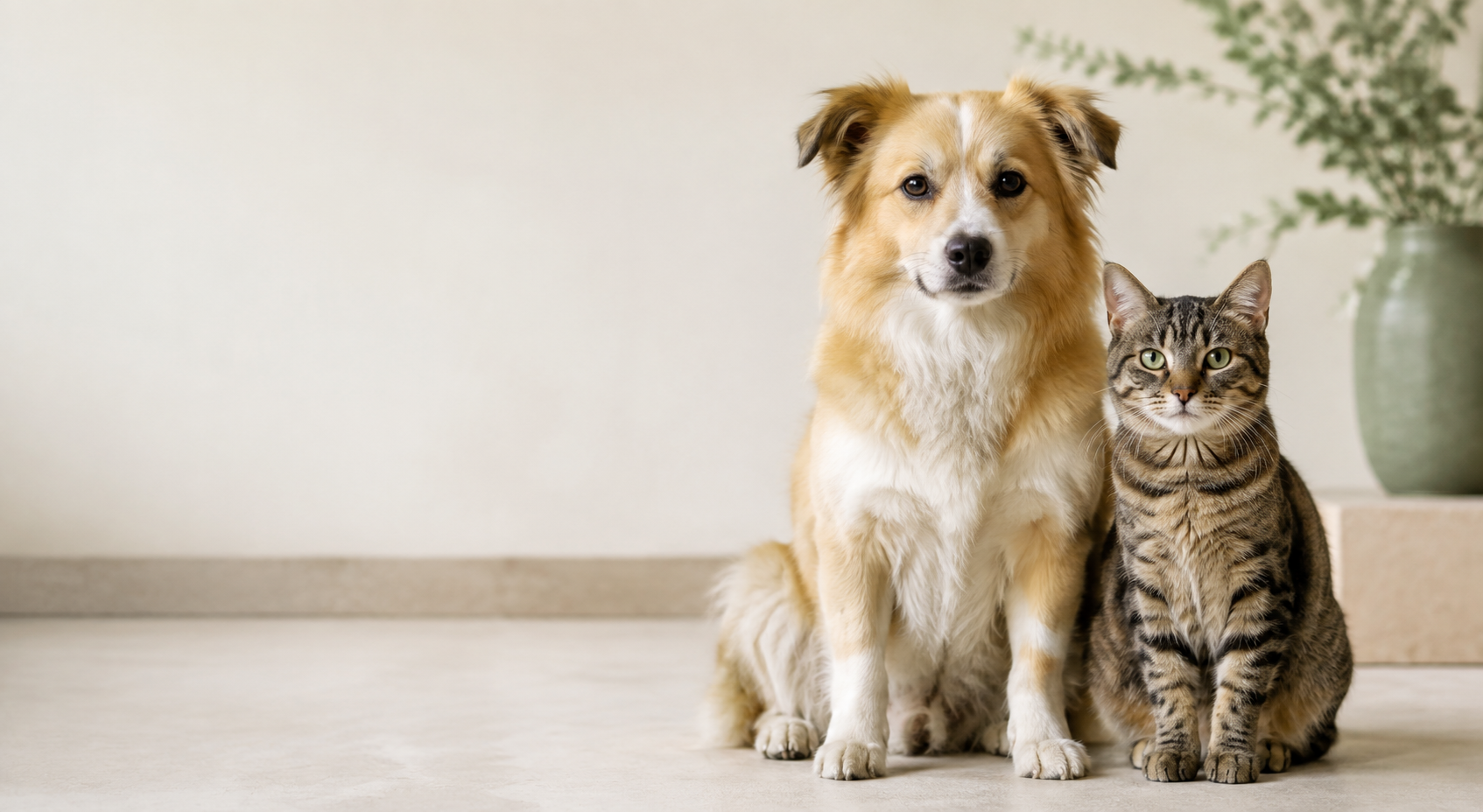 Ein Hund und eine Katze sitzen entspannt nebeneinander